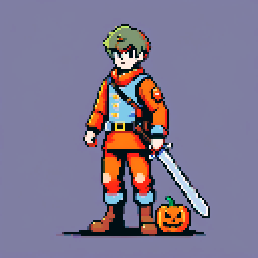 A soldier ready for battle with sword and a shield made of pumpkin