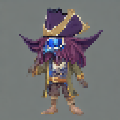 a pirate captain with a blue gemstone eyepatch covering his blind eye and a mechanical and wooden prosthetic leg. He likes to play with his blue gemstone dagger and wears a blue robe leather coat. He bullies a cthulhu-like creature that he keeps in a metal box.