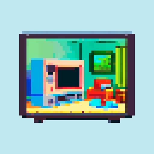subject is Retro game console, controller plugged into old tv, TV shows image of a cabin on screen, in a cozy room, soft color palette