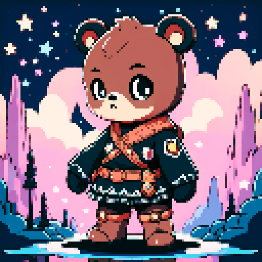 A graphic depiction of a chubby bear in retro 1995 anime style, chibi form, with expressive black eyes and brown fur, styled with long twin pigtails. Wearing magical clothes with intricate belts and patches. Background of a wild magic night with a dark waterfall and bright stars. Created Using: classic anime aesthetics, detailed magical garments, enchanting night setting, vivid portrayal, star reflections, dynamic composition, hd quality --ar 2:3 --v 6.0