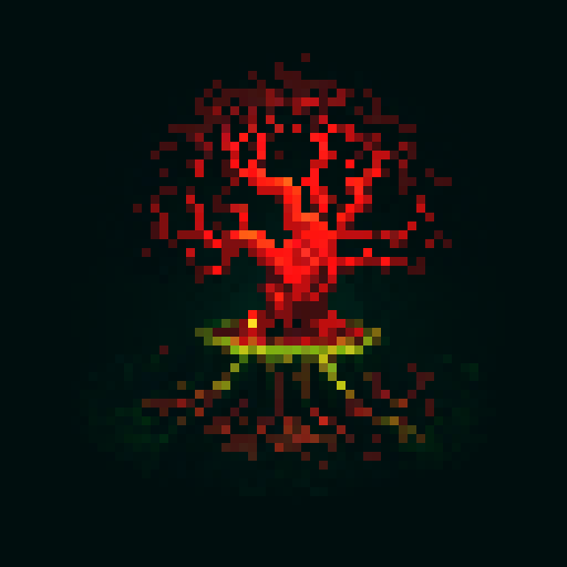 pixel art, sRGB, enemy tree stump with gnarled branches, haunting red eyes, moss-covered bark, sharp thorns, eerie glow, twisted roots, menacing presence, dark and foreboding atmosphere