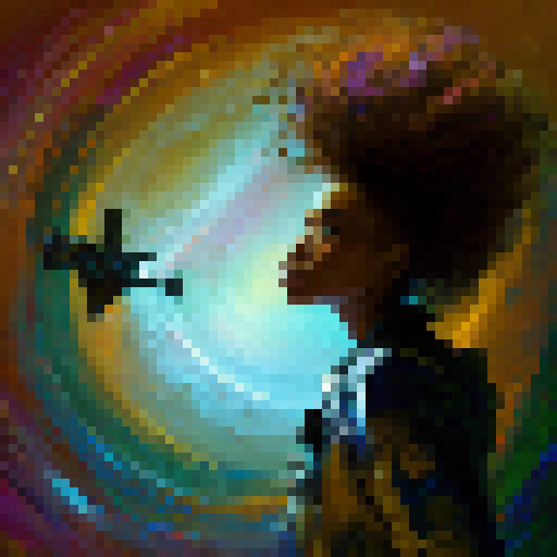 Vibrant, Pop Art inspired, depict a person jumping for joy with arms outstretched, against a clear blue sky with puffy white clouds overhead.