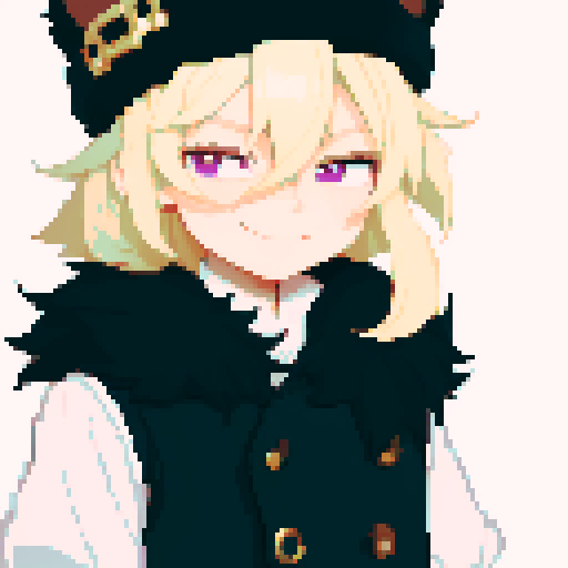 Solo male with perfect anatomy, straight-on, inframe, facing viewer, with round pupils, light blonde hair between eyes, wearing an ushanka hat with a black fur collar, a black vest, puffy sleeves, and black elbow gloves, his light pink eyes looking at the viewer, smile, in a pixel art style with sRGB colors, half closed eyes, best quality, stylised chibi,