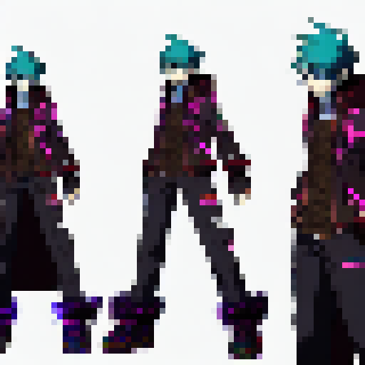 JRPG like Idle Pose of a cyberpunk themed character with a big coat