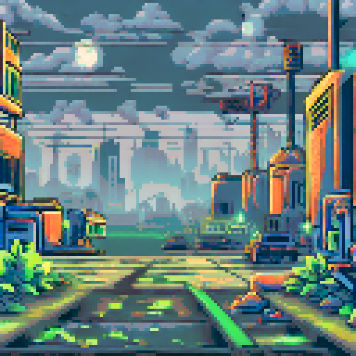 run-down, apocalyptic atmosphere, pixel art, inside of a Futuristic robot factory, sRGB, pixel art, background, landscape, dilapidated machinery, sparks flying, smog-filled air, towering metal structures, cracked concrete floors, flickering neon lights, rusted conveyor belts, broken windows, shattered glass, discarded robot parts, overgrown vines, eerie shadows, abandoned control panels