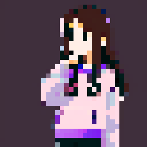 girl in oversized purple sweater, black shorts, long brown hair, brown eyes, pixelated style, vibrant sRGB colors