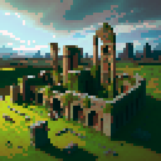 top down isometric, post-apocalyptic, ancient Roman farmland, rpg tileset, moody lighting, crumbling ruins, overgrown vegetation, decaying crops, broken aqueducts, weathered statues, moss-covered stones, eerie atmosphere, abandoned farmhouses, mystical artifacts, mystical runes, mythical creatures, dramatic shadows, epic landscapes, desolate fields