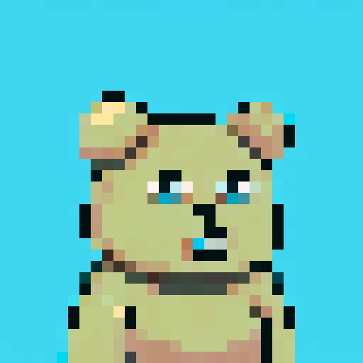 A pixel art image of an anthropomorphic bear character with a neutral expression, facing forward. The bear is light brown with a slightly darker muzzle, small round ears, and large blue eyes. It has a visible nose and mouth, and it appears to be wearing a dark gray collar. The background is a flat light blue color. The style is reminiscent of 8-bit video game graphics, with a square aspect ratio.