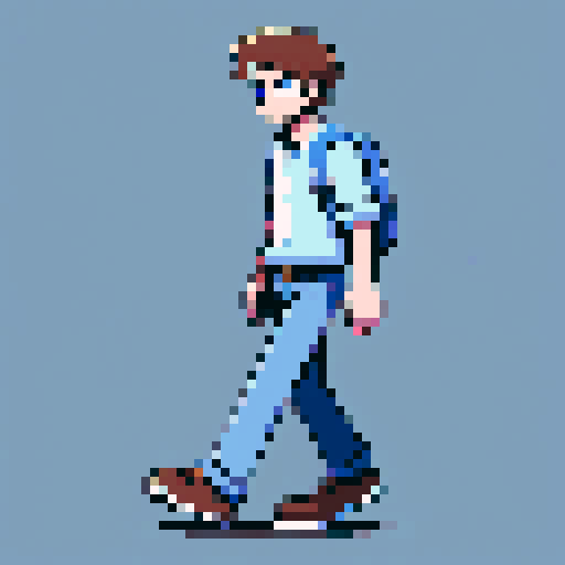 drunken 2D character walking, tall white male, blue eyes, brown hair, pale, stumbling, pixel art, sRGB