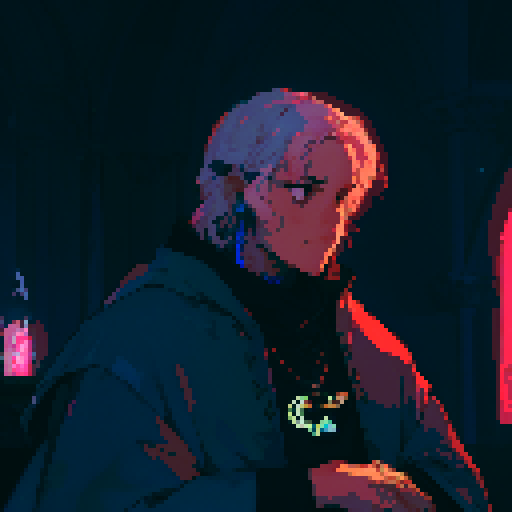 Priest, stained glass windows, vibrant colors, ornate robes, pixelated halos, illuminated Bible, candlelit altar, mosaic patterns, religious symbols, low resolution, retro aesthetic