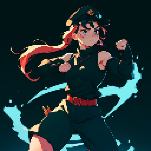 full-body image, muscle girl, female, thick biceps, big shoulders, big fists, muscular physique, thick waist, facing left, ready to fight, exaggerated proportions, black military uniform, black hat, military backdrop, sRGB, pixel art, no background, no backdrop, facing left, fists raised, ready to fight
