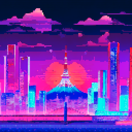 Tokyo tower, illuminated in vibrant pinks and purples, stands tall against the backdrop of a pixel art cityscape, reminiscent of a vaporwave dreamscape Mount Fuji, majestic and serene, completes the sRGB landscape, casting its shadow over the shimmering metropolis