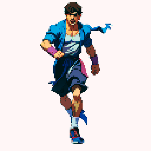 estilo es reminiscente de los personajes clásicos de películas de aventuras de los años 80 y videojuegos de 8 bits. rocky balboa entrenando escena