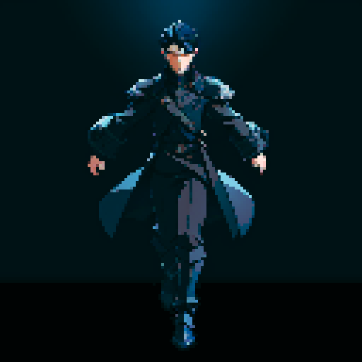 T-pose. Male. Full body. Short, dark blue hair. Black coat. Thin, covert, black armor underneath the coat. Better facial features