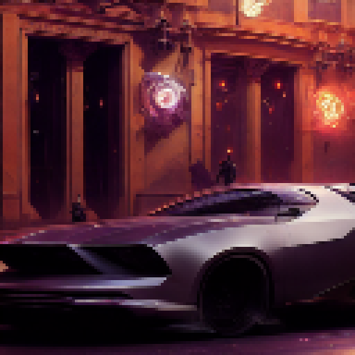 Surrealist, futuristic. A sleek, silver car takes flight, soaring through a neon cityscape as its metallic wings shimmer in the electric glow of the streetlights.