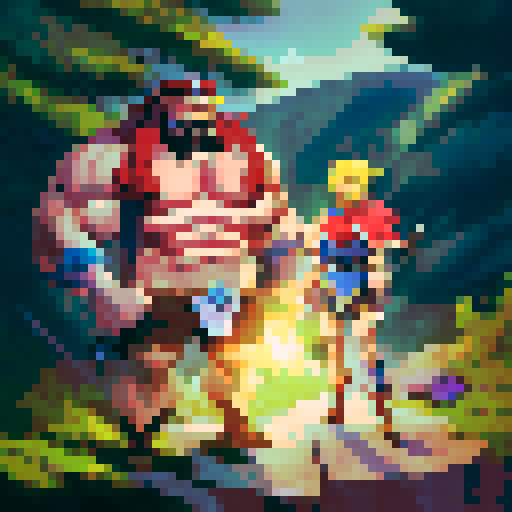 Two muscular men stroke each other's hard cocks in a picturesque setting, one in a landscape pose and the other in portrait, surrounded by lush greenery and a clear blue sky.