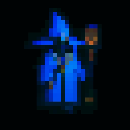 wizard with blue robes, blue wizard hat, brown staff, golden necklace with sun pendant, flat white background for the background of the image that is not the character