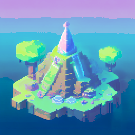 technological Aztec Style Ziggurat, shimmering in neon hues, surrounded by frozen waters reflecting the pixel art skyline