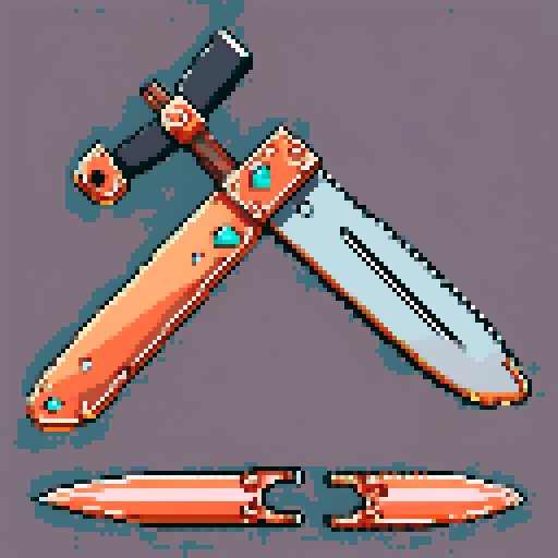 I want just the cutting blade of an chainsaw constructed out of copper and gems. I want this object usable an asset in a videogame, meaning only one object per image, outlined with a strong black stroke, on a solid-color background.