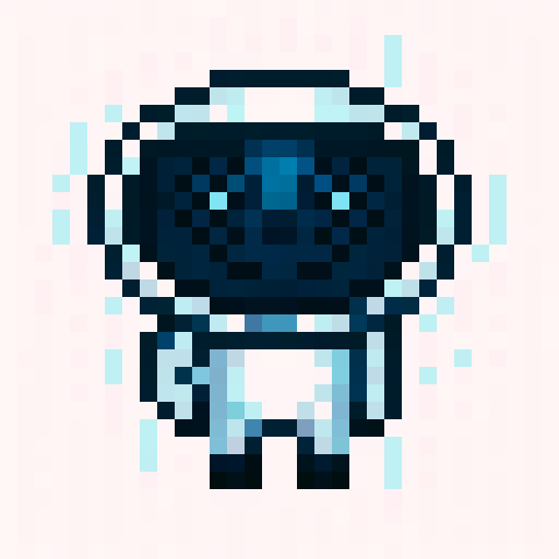 Round, rosy-cheeked robot smiling contentedly with big, bright eyes, crafted in charming 32x32 pixel art, highlighting its endearing, skillful design for a game icon.