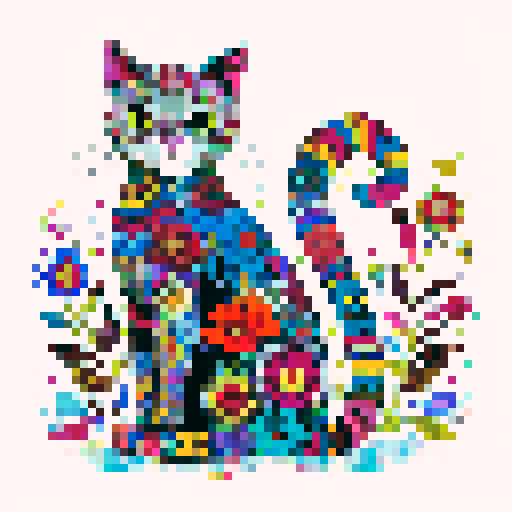 sitting, very colorful cat, with dots, flowers, patterns, fantasy style, white background