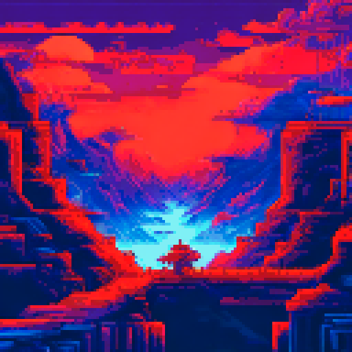 celestial skywalk, platforms floating in the ethereal abyss, vibrant colors contrasting against a dark sRGB background, pixel art depicting a majestic landscape, clouds