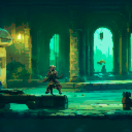 side-scrolling pixel character, navigating through an ancient Roman-inspired interior scene filled with enemies, jumping over water pipes and avoiding brick obstacles, all while surrounded by dark green and brownish pale architecture reminiscent of Romanism The character's cold tones and alarmed expression convey a sense of crisis, as if they are on a quest involving witchcraft in a fantasy RPG