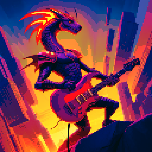 rock guitarist, dragon rider, fiery sky, futuristic city, guitar sword, pixel art, sRGB
