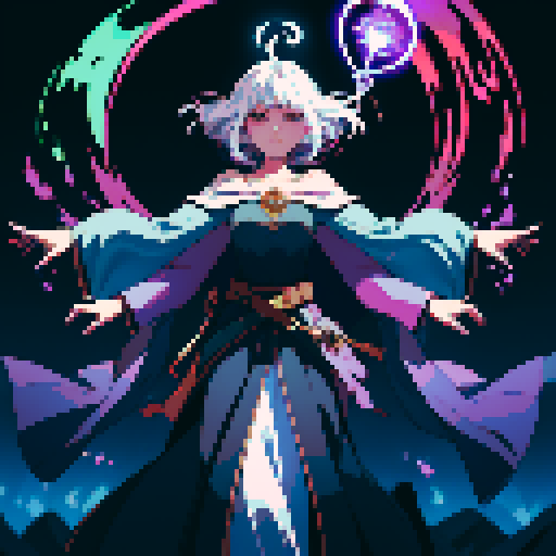 sorceress, floating, arms out, magic circles, magic power, spell, evil sorceress, evil witch, magic symbols, sRGB, pixel art