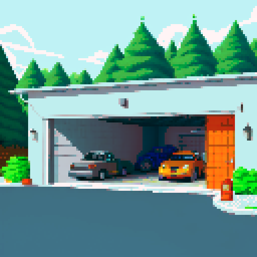 Open garage for cars, grey, asphalt, tools, car parts