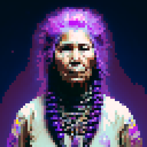 elderly native American woman with purple hair in short braids