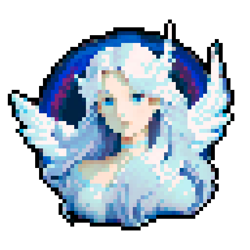 Beautiful ethereal angel with chrome wings, flowing hair, and a serene expression, rendered in pixel art with crisp, defined lines and a vibrant sRGB color palette. clearly defined facial features