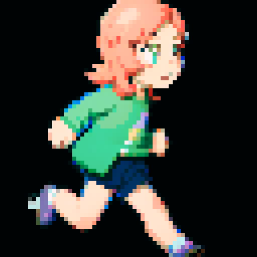 cutesy protagonist running, vibrant colors, pixelated details, retro video game vibes, nostalgic 8-bit style, animated scenery, dynamic motion, playful expressions