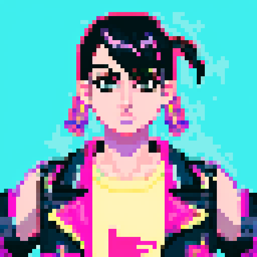 80s girl with mullet, punk rock aesthetic, cutoff tshirt, pixel art, sRGB, vibrant colors, rebellious attitude
