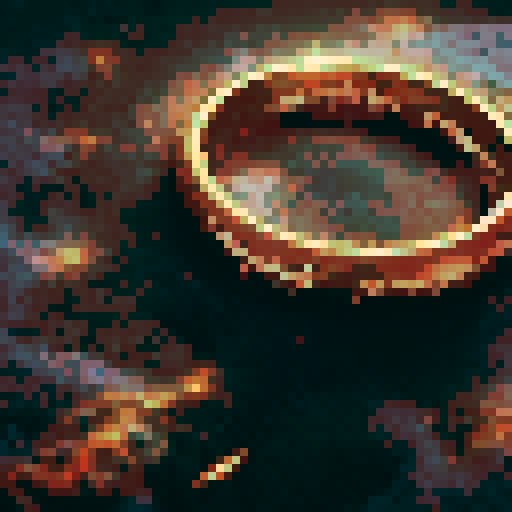 A golden ring with bright yellow text surrounding it, resting on a stone floor