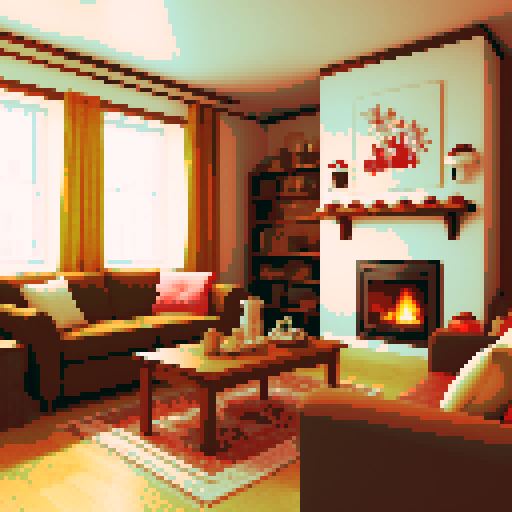 cozy apartment interior, comfy, winter city outside, warm fireplace crackling, soft snowflakes falling, vintage furniture, steaming hot cocoa on a wooden table, stuffed animals