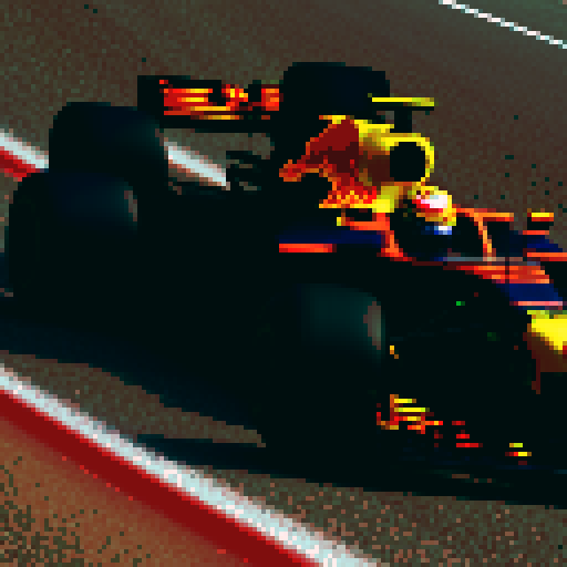 Red bull formula 1 car on race track, full car in view, 512x512 resolution, close up