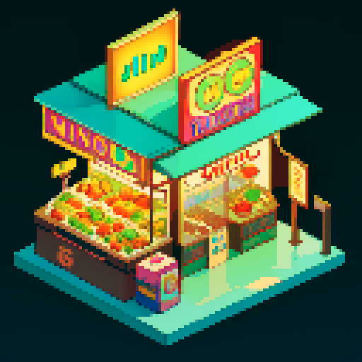 Isometric food stall, retro-futuristic style. Large neon sign on top that says “DURIAN”. Has a large durian fruit on top of the stall. Set at night. 