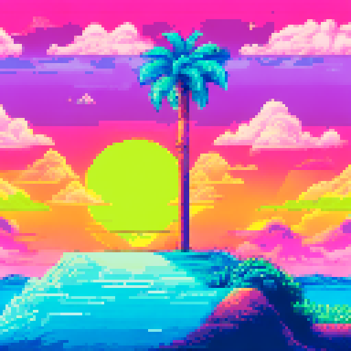 vibrant, 16-bit, Sega Genesis style palm trees swaying on a vaporwave beach with a golden sunset casting sRGB colors over the water