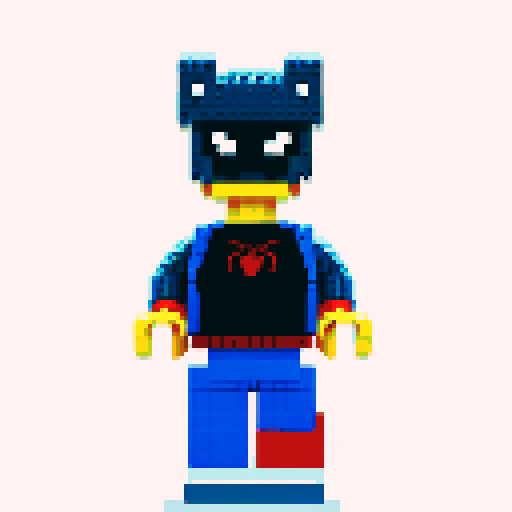spiderman swinging through a pixelated cityscape, his Lego-like figure blending seamlessly into the vibrant, retro-inspired pixel art style of sRGB