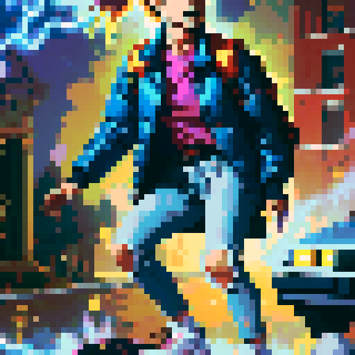 8-bit style portrait with vibrant, retro colors, showcasing a pixelated character in a dynamic pose against a black background, reminiscent of classic video games