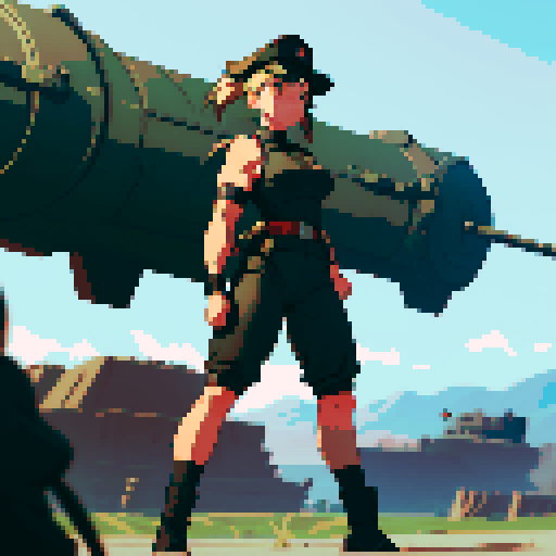 full-body image, muscle girl, female, thick biceps, big shoulders, big fists, muscular physique, thick waist, facing left, ready to fight, exaggerated proportions, black military uniform, black hat, military backdrop, sRGB, pixel art, army behind her, military behind her, army in background, army, soldiers, evil, dark, evil soldiers, nazi
