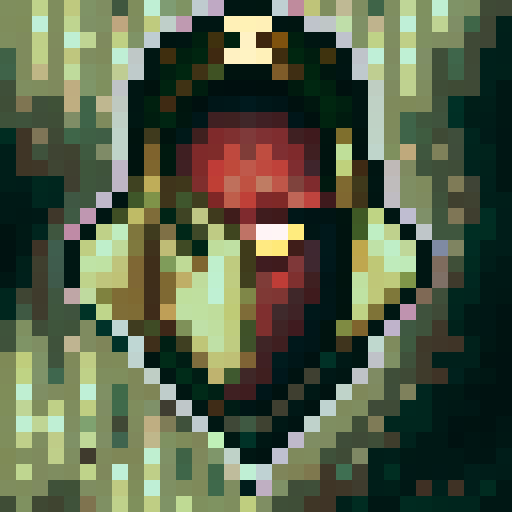 Dark, menacing eyes peering out from a shadowy hood, sharp fangs bared, surrounded by swirling purple mist and glowing runes, all captured in the iconic style of a 32x32 pixel art game portrait