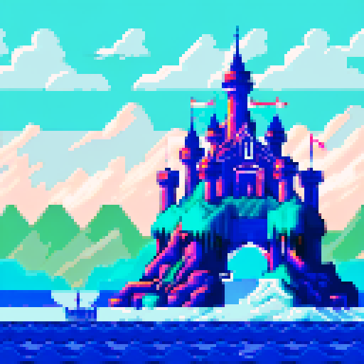 stormy sea, waves, icy castle with two towers in distance, clouds