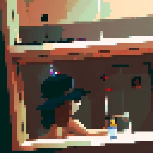 boy with long hair, hat on, bottle next to him, unbothered, mirror reflecting party behind him, pixel art