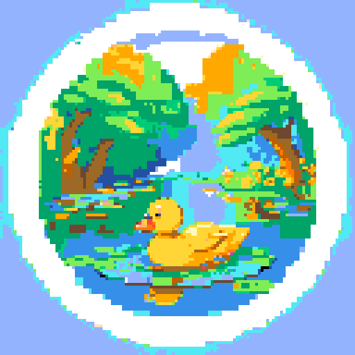 yellow duck in a pond, surrounded by lush greenery and reflecting sunlight in a serene pond with shimmering ripples and pixelated waves, creating a tranquil atmosphere in a picturesque landscape with vibrant colors using intricate pixel art in the sRGB palette