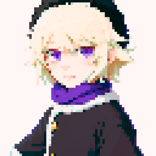 Male, light purple eyes, pale skin, blonde hair, sprite, black winter clothes, fur collar, short messy hair, looking at viewer, small smile, solo male, low details, uncropped, ushanka, dialog sprite, fantasy clothes, bangs, medium hair, tired eyes, purple scarf, thick lines, pixel art, sRGB
