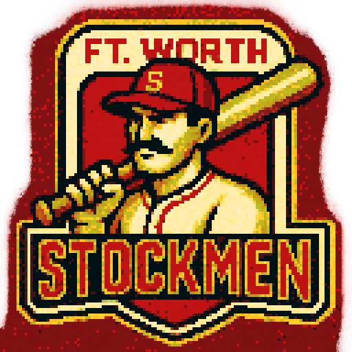Pixel art of a fictional baseball team called the Ft. Worth Stockmen. red, dark yellow, off white, sharp outlines, and soft pixel shading. The logo design mimics 80s MLB logos. Use a vibrant Sega Genesis 16-bit style with selective dithering, geometric forms, and nostalgic retro charm. Avoid modern gradients—keep it pure pixel art.