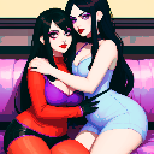 curvy, cute, goth girls with black hair, purple eyeshadow, and red lipstick, in love, embracing each other, all displayed in sRGB