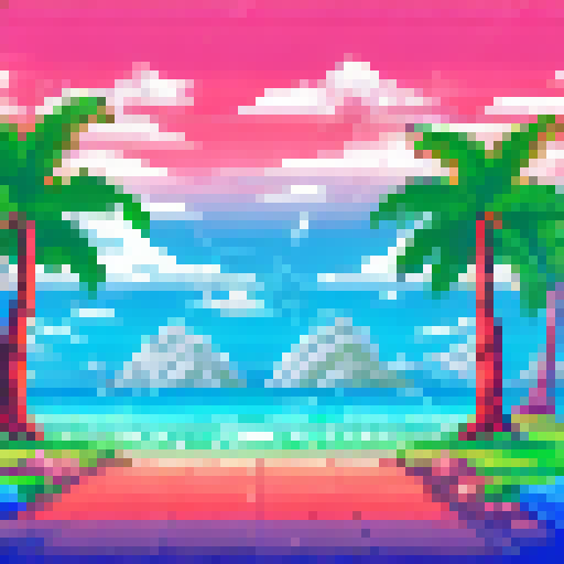 Palm trees swaying in the warm breeze, crystal clear ocean water lapping at the sandy shore, and colorful beach towels scattered across the landscape